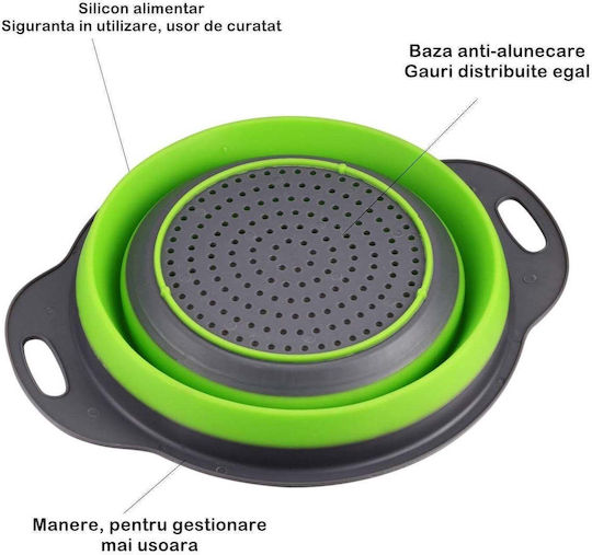 Set 2 Foldable Food-grade Silicone Colanders Flippy Handles Non-stick Non-slip Bottom Round Two Sizes Easy To Store Dishwasher Safe Green