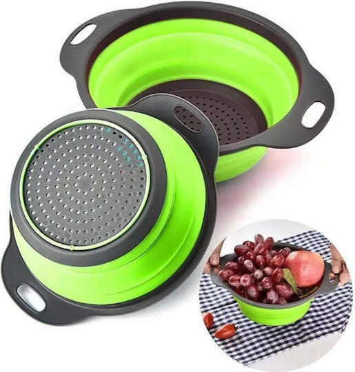 Set 2 Foldable Food-grade Silicone Colanders Flippy Handles Non-stick Non-slip Bottom Round Two Sizes Easy To Store Dishwasher Safe Green
