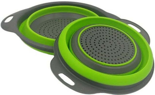 Set 2 Foldable Food-grade Silicone Colanders Flippy Handles Non-stick Non-slip Bottom Round Two Sizes Easy To Store Dishwasher Safe Green
