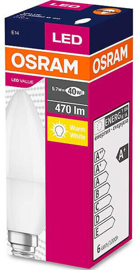 Osram LED крушка 5.5W за фасунга E14 и форма C37 Топло бяло 470лм