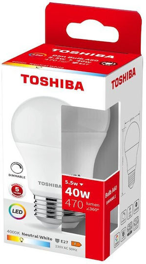 Toshiba Bec LED 5.5W pentru Soclu E27 și Formă A60 Alb natural 470lm Reglabil în intensitate