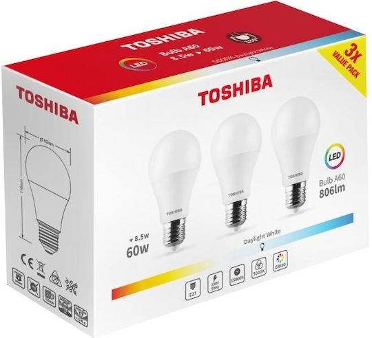 Toshiba Λάμπες LED 8.5W για Ντουί E27 και Σχήμα A60 Ψυχρό Λευκό 3τμχ