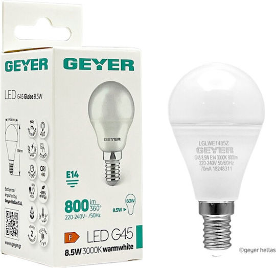 Geyer Λάμπα LED 8.5W για Ντουί E14 και Σχήμα G45 Θερμό Λευκό 800lm