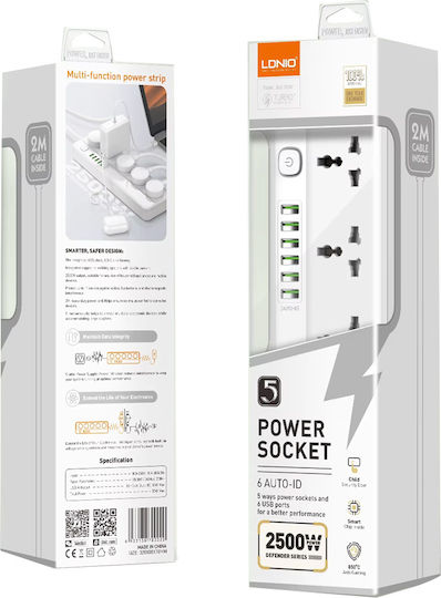Bandă de alimentare Securitate 5 Prize cu 6 USB-A, Comutator și Cablu 2m