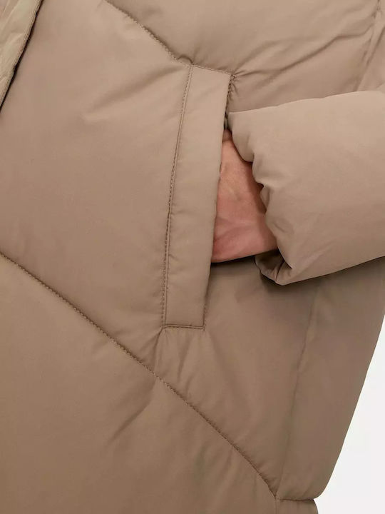 Μακρύ Γυναικείο Puffer Μπουφάν για Χειμώνα Μπεζ