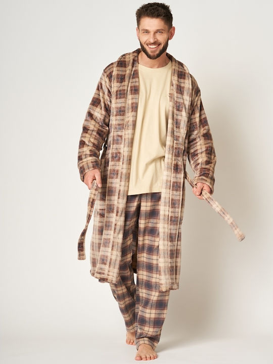 Key Men's Winter Fleece Checked Pajama Robe Brown