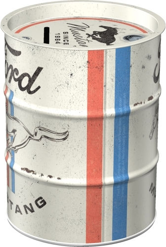 Nostalgic Money Box Oil Barrel Ford Mustang Horse & Stripes Logo