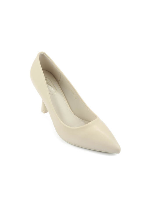 Fshoes Synthetic Leather Pointed Toe Stiletto Beige High Heels