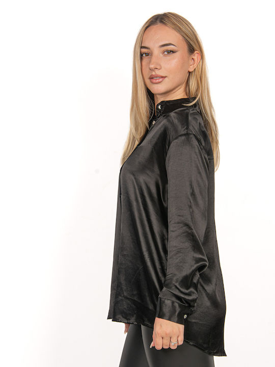 Ellen Langärmelig Damen Satin,σατεν Hemd Black