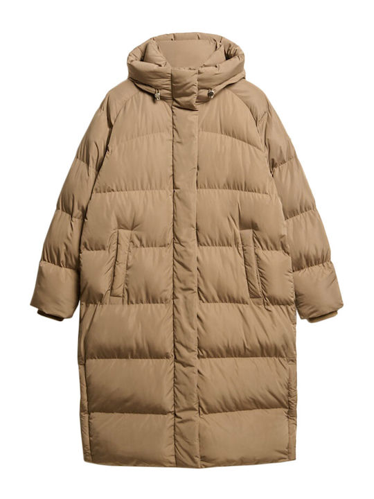 Women's Long Puffer Jacket for Winter with Hood Brown