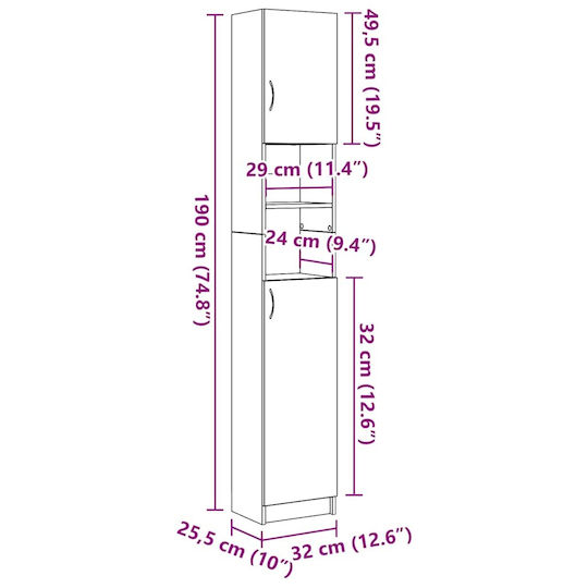 vidaXL Στήλη Μπάνιου Τοίχου Μ32xΒ25.5xΥ190cm Καφέ