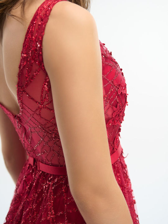 Maxi Dress for Wedding Christening Satin with Lace Red
