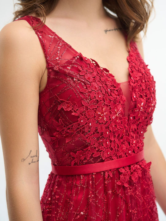 Maxi Dress for Wedding Christening Satin with Lace Red