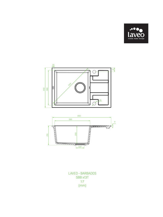 Laveo Barbados SBB 513T Drop-In Sink Left Synthetic Granite W65xD44cm Grey