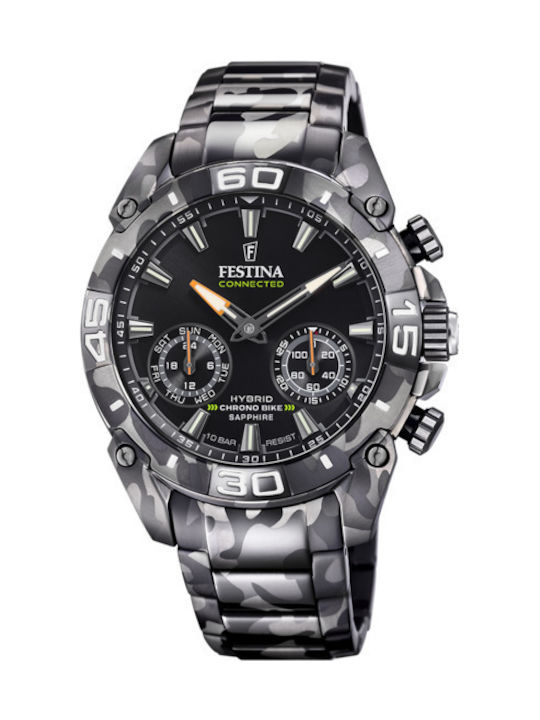 Festina Connected Ανδρικό Ρολόι 45.5mm Χρονογράφος Μπαταρίας με Ασημί Μεταλλικό Μπρασελέ