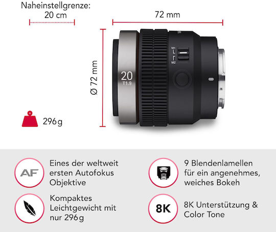 Samyang Full Frame Φωτογραφικός Φακός V-AF T 1,9/20 FE Σταθερός για Sony FE Mount Μαύρος