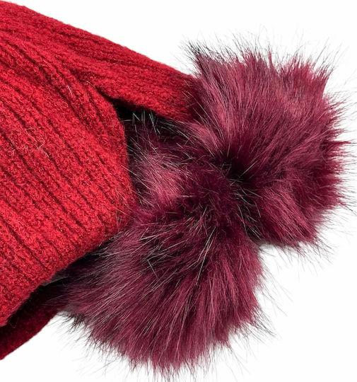 Pom Pom Beanie Γυναικείος Σκούφος Πλεκτός σε Μπορντό χρώμα