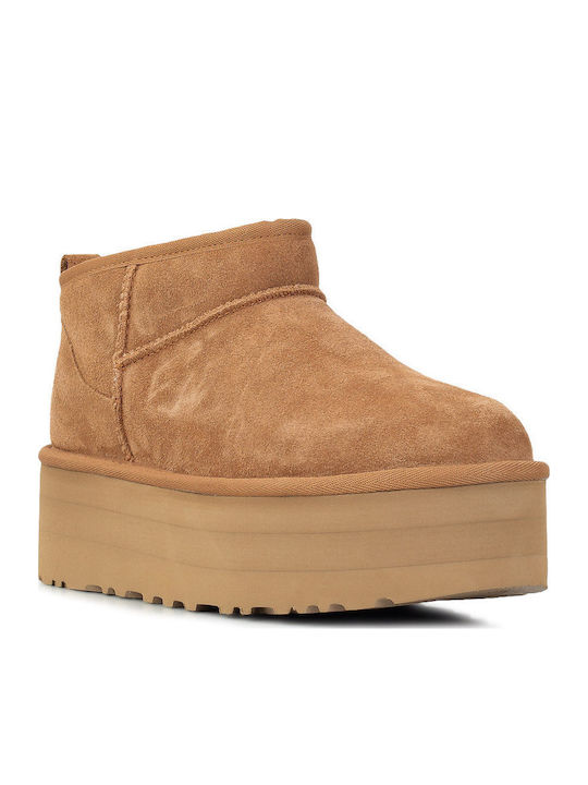 Classic Ultra Mini Platform Suede Women's Ankle Boots with Fur Chestnut