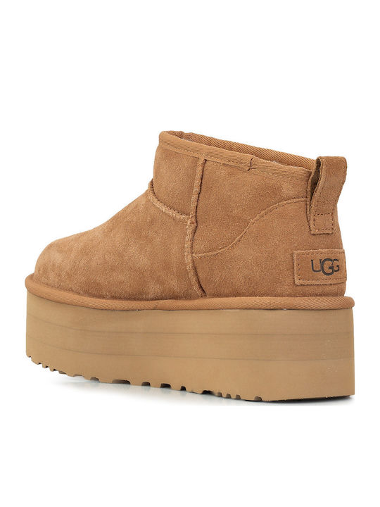 Classic Ultra Mini Platform Suede Women's Ankle Boots with Fur Chestnut
