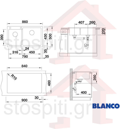 Blanco Pleon 9 Ένθετος Δεξιός από Συνθετικό Γρανίτη Μ86xΠ50cm Soft White