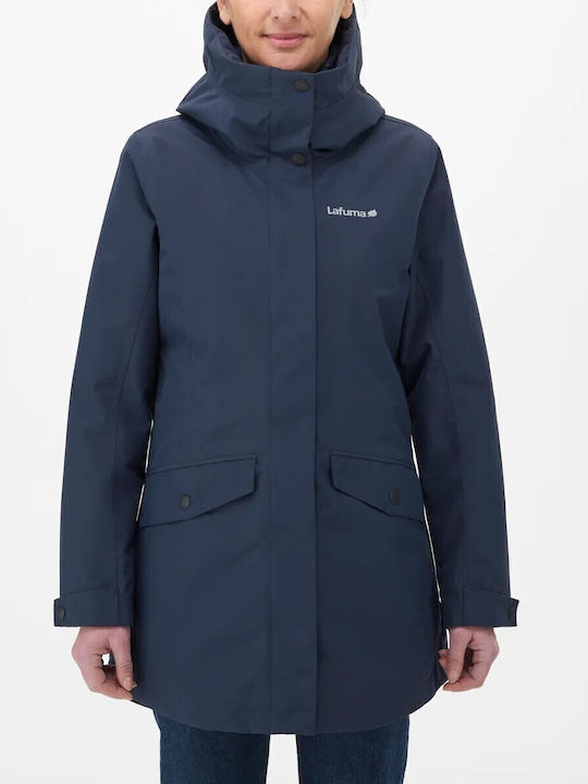 Women's for Hiking Long Parka Jacket Waterproof for Winter with Hood Navy Blue