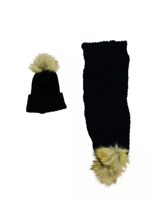 Pugi Kids Beanies Set with Scarf Knitted Black