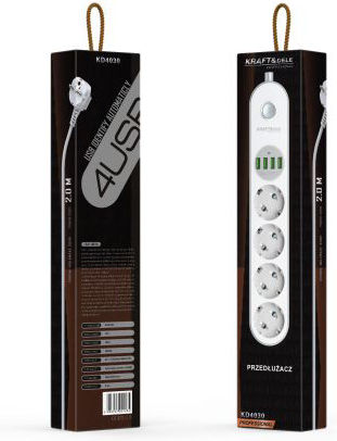 Kraft & Dele Bandă de alimentare 4 Prize cu 4 USB-A, Comutator și Cablu 2m