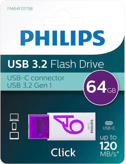 Philips Click Series Gen 1 64GB USB 3.2 Stick cu conexiune USB-C Alb