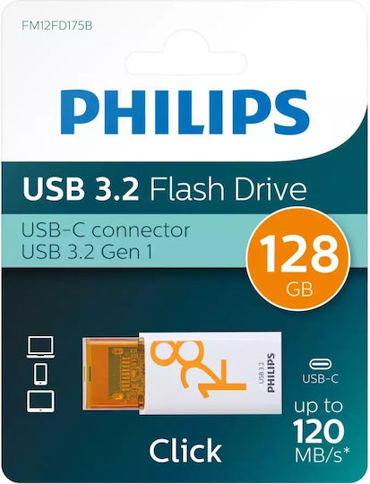 Philips Click Series Gen 1 128GB USB 3.2 Стик с връзка USB-C Бял