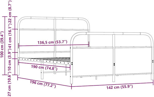 Double Wooden Brown Bed with Slats for Mattress 137x190cm