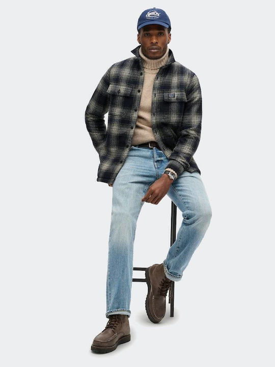 Miller Long Sleeve Overshirt in Regular Fit Checked Navy Blue