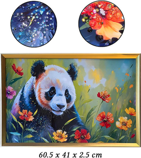 Tablou cu Ramă Aurie Design Panda Flori Pietre Reliefate Tip Diamant 60.5x41x2.5cm