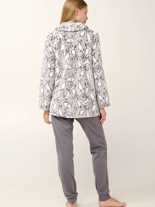 Vamp Χειμερινή Γυναικεία Fleece Ρόμπα Light Gray