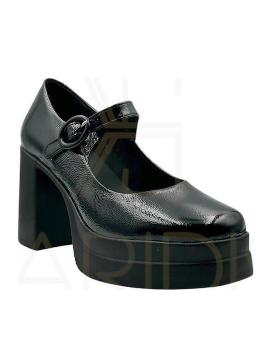 Heels With Platform Patent Leather With Strap & Chunky High Heel Black