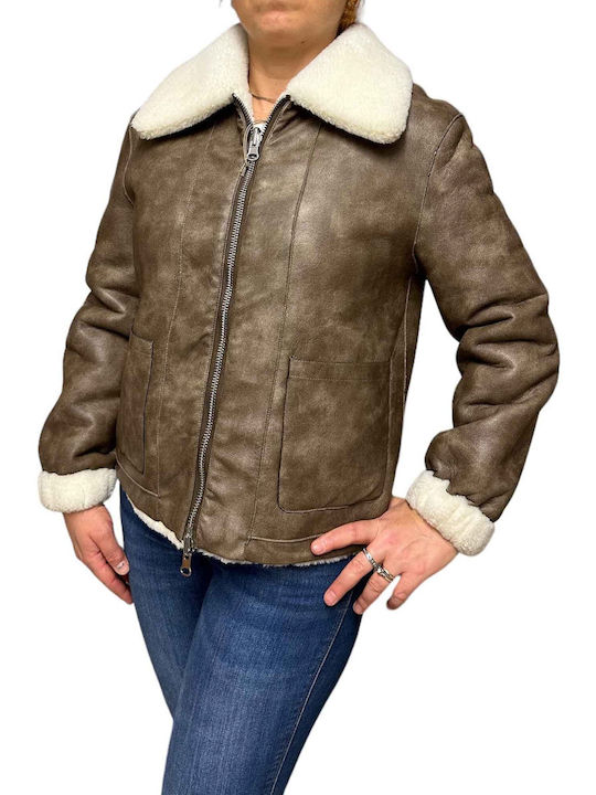 Glox Women's Mouton Coat with Zipper Coffee