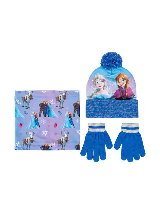 Frozen Kids Beanie Set with Scarf & Gloves Knitted Blue 3pcs