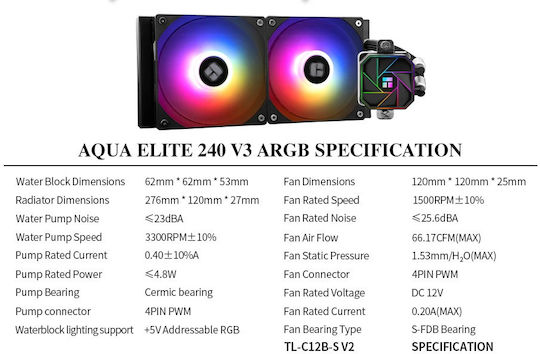 Thermalright Aqua Elite 240 v3 Water Cooling AIO CPU With 2 120mm Fans And ARGB Lighting