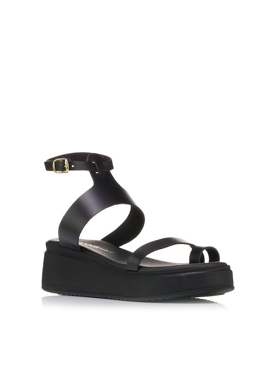 Ioannis Leather Women's Flat Sandals with Strap in Black Color