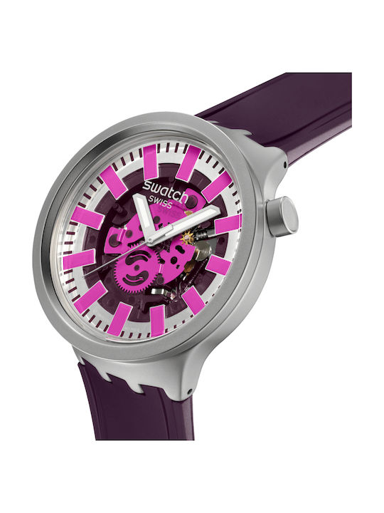 Swatch Unisex Herrenuhr Batterie mit Lila Kautschukarmband