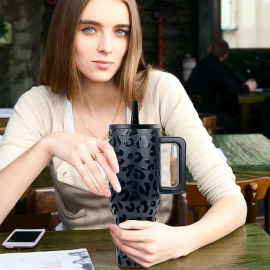 Cool'NMore Чаша С Дръжка Термос Неръждаема Стомана Без BPA 1лт Glamour Черен С Дръжка И Сламка