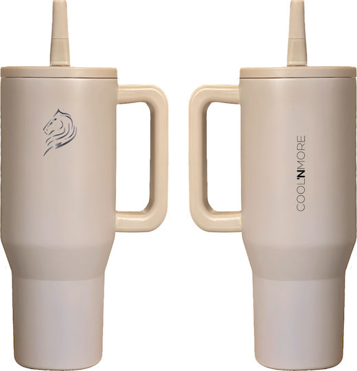 Cool'NMore Traveller Tumbler Handled Tumbler Thermos Stainless Steel BPA Free 1lt Tan Beige with Straw and Handle