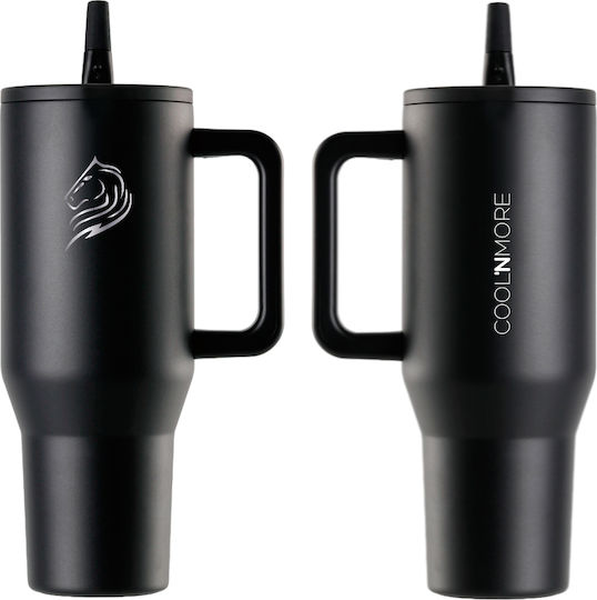 Cool'NMore Traveller Tumbler Handled Tumbler Thermos Stainless Steel BPA Free 1lt Obsidian Black with Straw and Handle