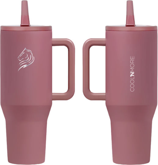 Cool'NMore Traveller Tumbler Handled Tumbler Thermos Stainless Steel BPA Free 1lt Smoke Pink with Straw and Handle 6523362