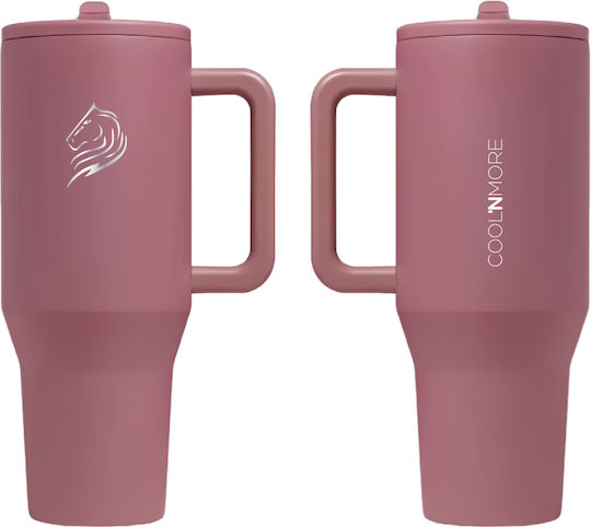 Cool'NMore Traveller Tumbler Handled Tumbler Thermos Stainless Steel BPA Free 1lt Smoke Pink with Straw and Handle 6523362