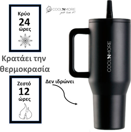 Cool'NMore Traveller Tumbler Handled Tumbler Thermos Stainless Steel BPA Free 1lt Obsidian Black with Straw and Handle