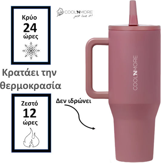 Cool'NMore Traveller Tumbler Handled Tumbler Thermos Stainless Steel BPA Free 1lt Smoke Pink with Straw and Handle 6523362