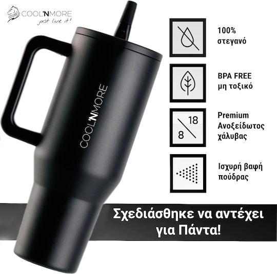 Cool'NMore Traveller Tumbler Handled Tumbler Thermos Stainless Steel BPA Free 1lt Obsidian Black with Straw and Handle