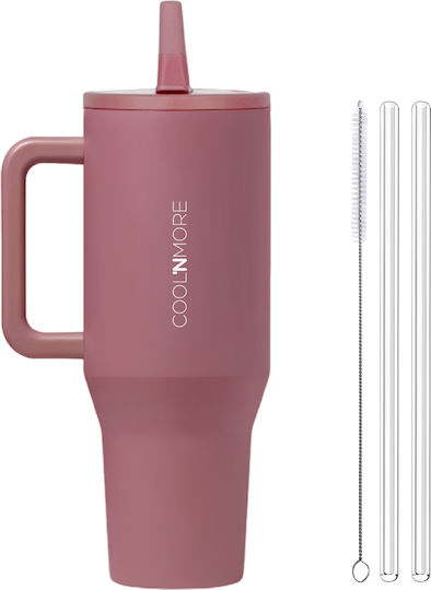 Cool'NMore Traveller Tumbler Handled Tumbler Thermos Stainless Steel BPA Free 1lt Smoke Pink with Straw and Handle 6523362