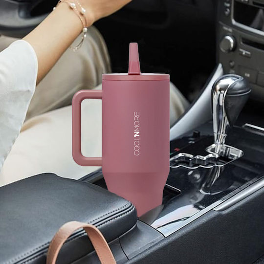 Cool'NMore Traveller Tumbler Handled Tumbler Thermos Stainless Steel BPA Free 1lt Smoke Pink with Straw and Handle 6523362