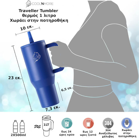 Cool'NMore Traveller Handled Tumbler Thermos Stainless Steel BPA Free 1lt Navy Blue with Straw and Handle 6523348